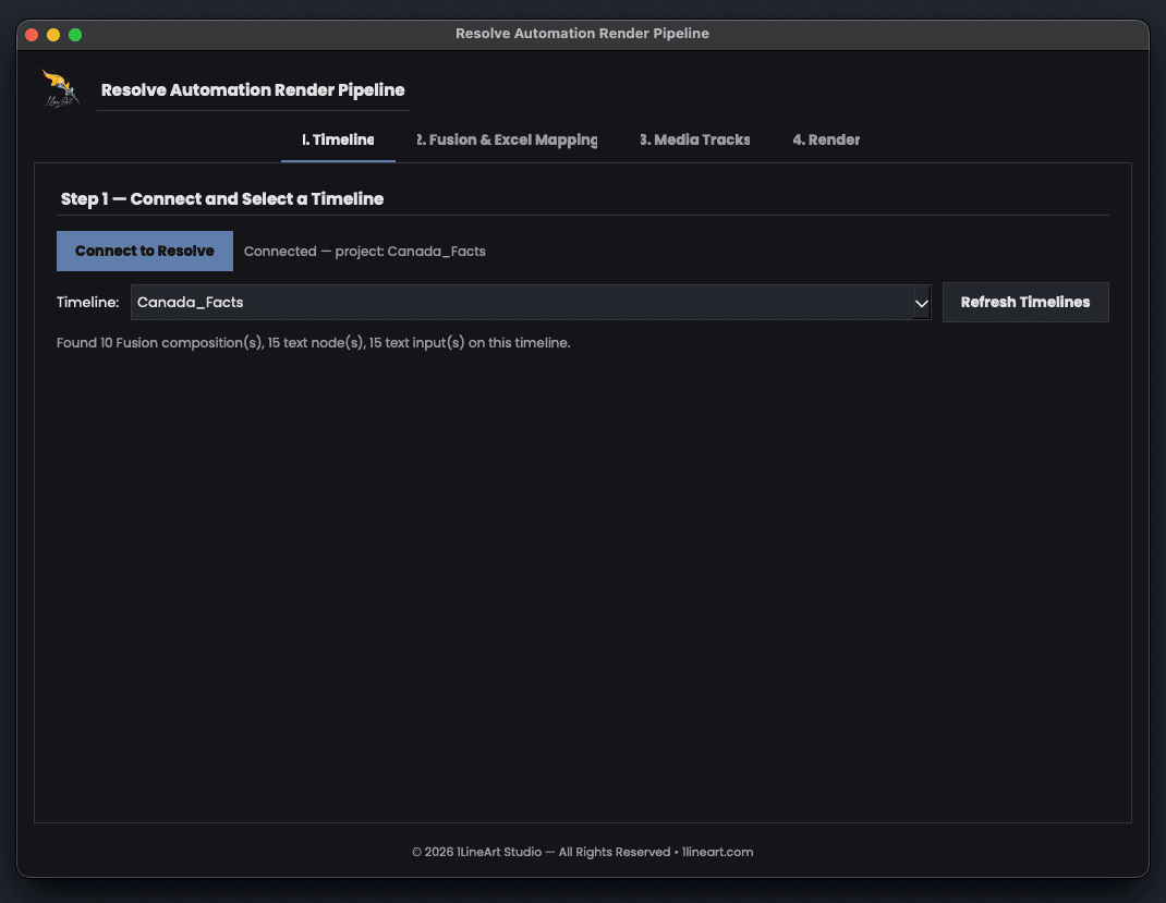 Resolve Automation Render Pipeline Tab 1: Connect to Resolve button, connected project name, timeline selector, and a summary of detected Fusion compositions, nodes, and text inputs
