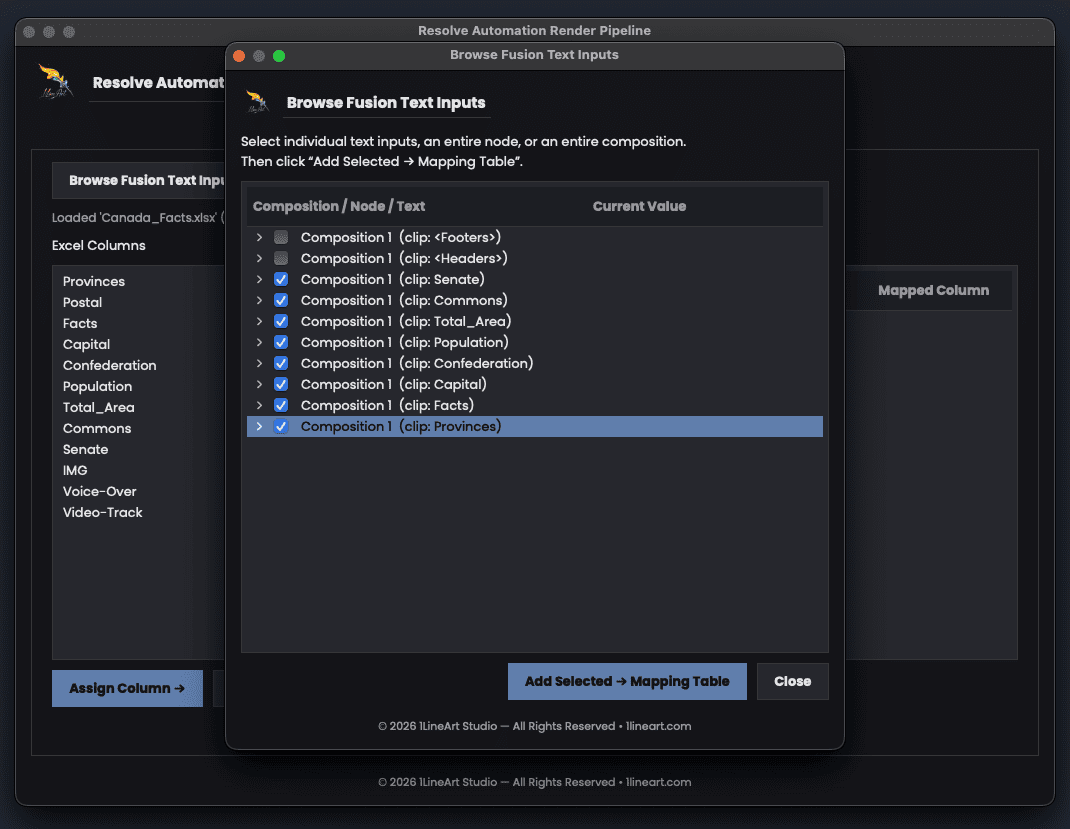 Browse Fusion Text Inputs dialog listing compositions, nodes, and StyledText inputs with checkboxes, and an Add Selected to Mapping Table button