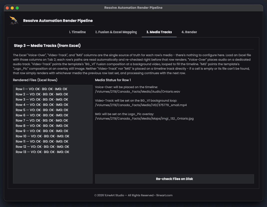 Media Tracks tab listing every rendered file with its resolved Voice-Over, Video-Track, and IMG status — OK or no path in Excel — and a Re-check Files on Disk button