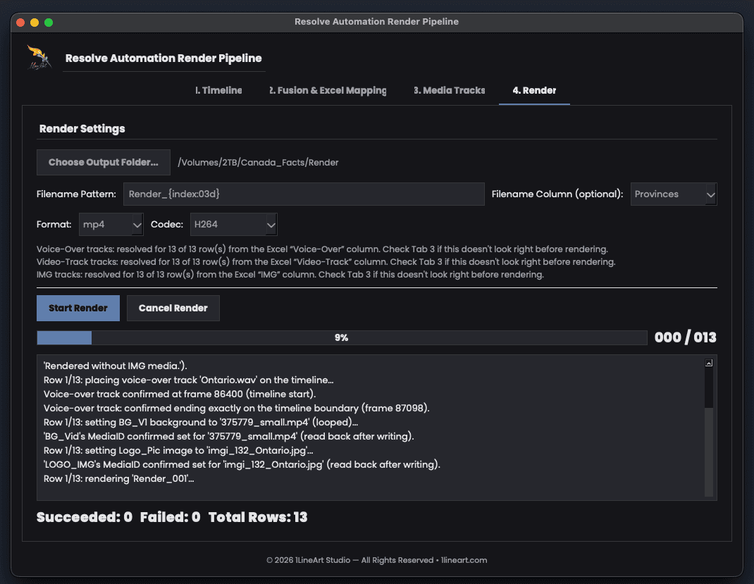 Render tab with output folder, filename pattern, format set to mp4, codec set to H264, a voice-over summary line, Start Render button, and a progress bar